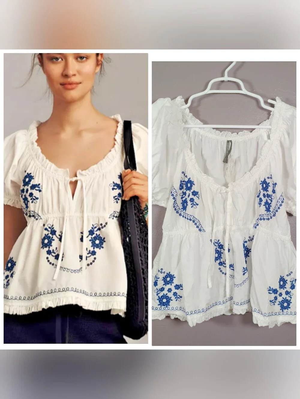 Anthropologie White Peasant Blouse with Blue Floral Embroidery